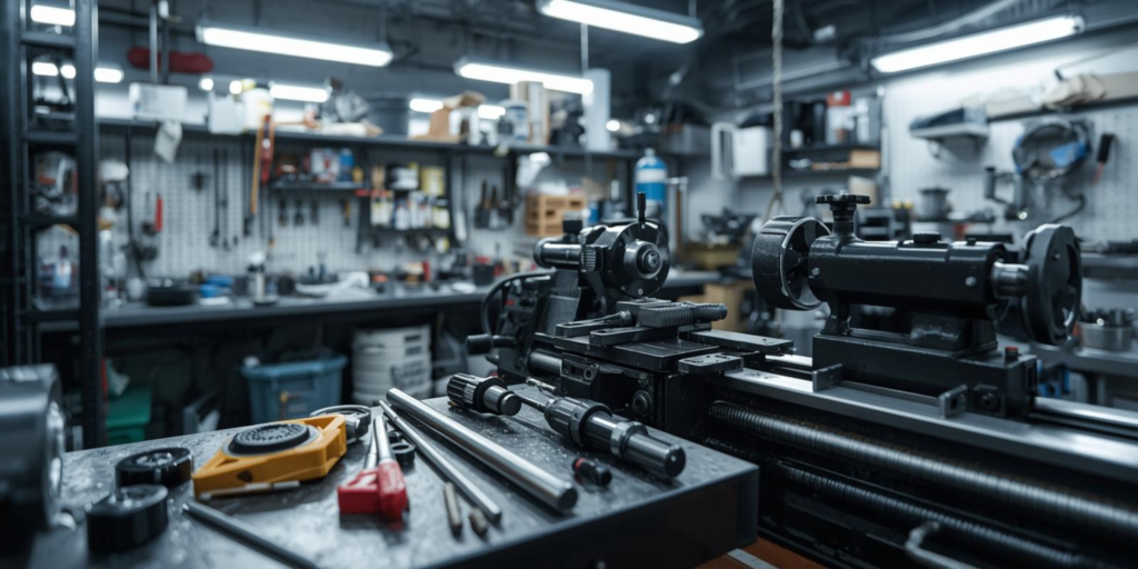 Tło sekcji hero: ciemna, nowoczesna hala przemysłowa i warsztat maszynowy z nakładką cyfrowych schematów technicznych.